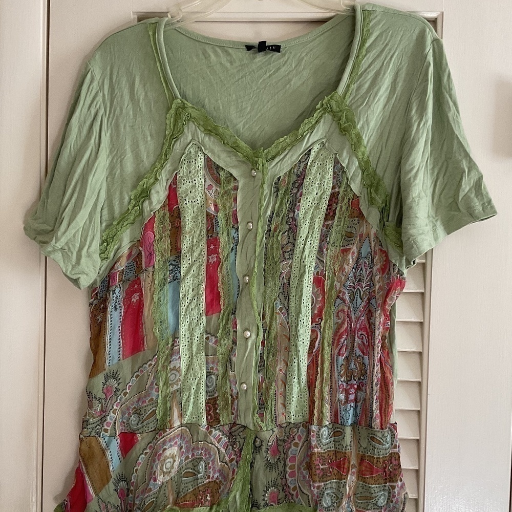 Spring Green Laced Crinkle Woman Italian Design Summer Top Size US L